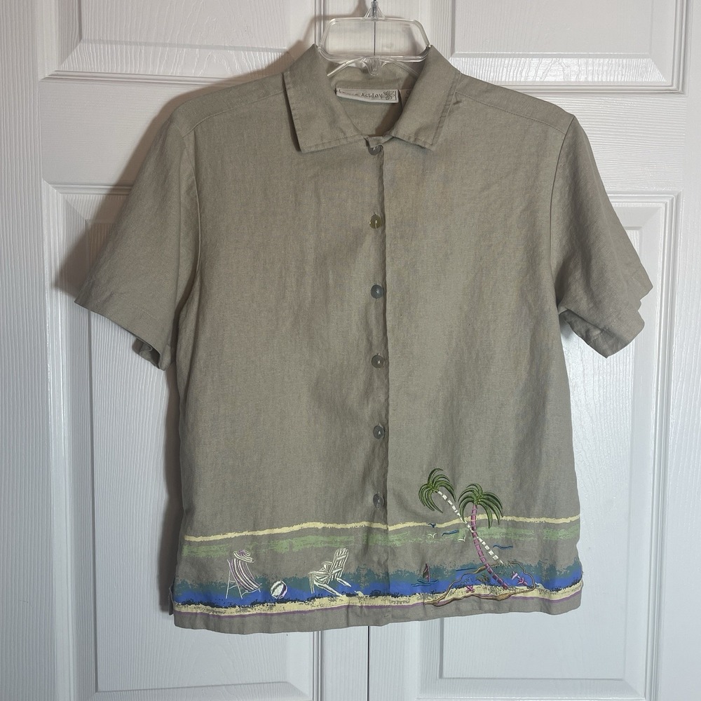 Vintage Jane Ashley Linen Blend Shirt Women S Beige Y2K Beach Embroidered Blouse
